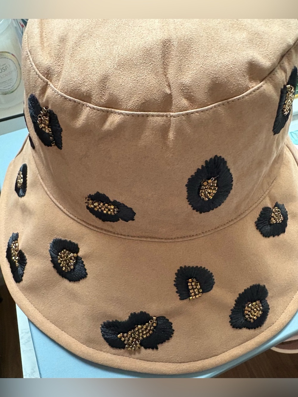 Lele Sadoughi Leopard Embroidered Long Brim Bucket Hat